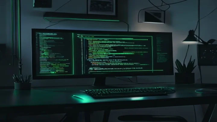 Dark developer workstation with a glowing terminal and neon green accents visualizing the WebSockets vs SSE real‑time frontend guide.