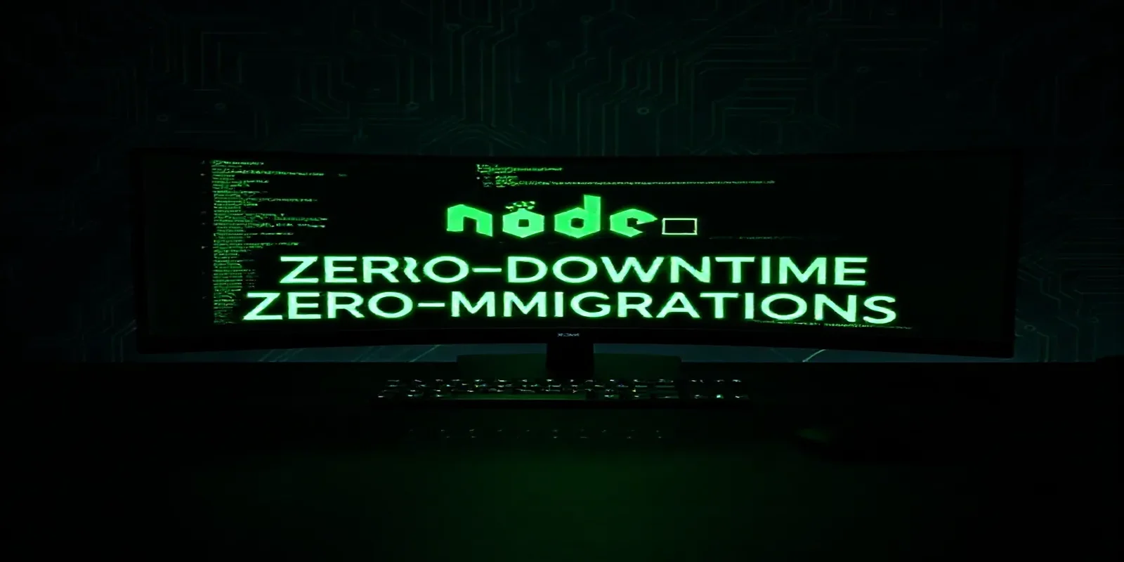 A dark‑mode developer scene featuring a glowing terminal and neon green accents illustrating zero‑downtime schema migrations with a Node.js ORM.