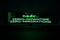 A dark‑mode developer scene featuring a glowing terminal and neon green accents illustrating zero‑downtime schema migrations with a Node.js ORM.