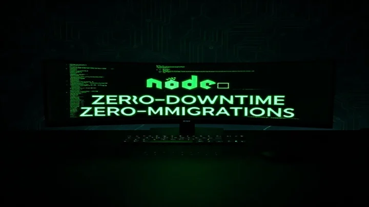 A dark‑mode developer scene featuring a glowing terminal and neon green accents illustrating zero‑downtime schema migrations with a Node.js ORM.