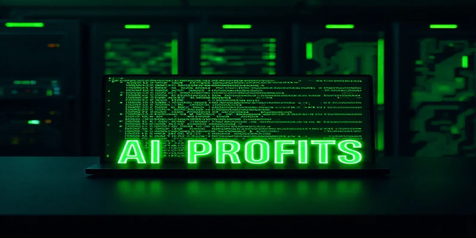 Cover image showing a dark‑mode developer workspace with a glowing green terminal and the label "AI PROFITS", illustrating AI Agent project ideas to earn money in 2025.