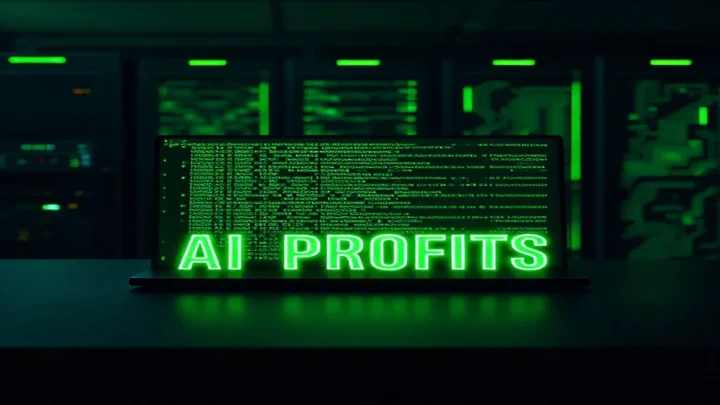 Cover image showing a dark‑mode developer workspace with a glowing green terminal and the label "AI PROFITS", illustrating AI Agent project ideas to earn money in 2025.