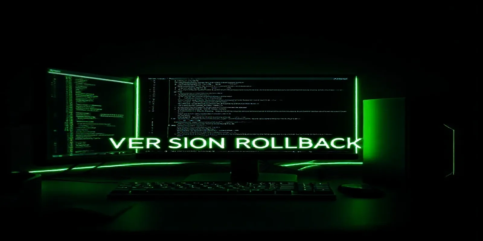 A dark‑mode developer workspace featuring a glowing terminal and subtle neon green accents illustrating the concept of AI Prompt Versioning rollback strategies.
