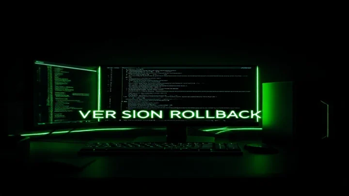 A dark‑mode developer workspace featuring a glowing terminal and subtle neon green accents illustrating the concept of AI Prompt Versioning rollback strategies.
