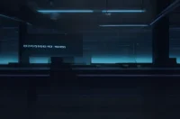 A dark‑mode developer scene showing a glowing terminal and subtle neon green circuit patterns illustrating an AI Workflow State Machine design concept.