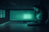 A dark developer‑themed illustration with a glowing terminal and neon green accents visualizing Backend‑Driven UI tips for mobile apps.