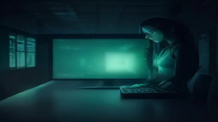 A dark developer‑themed illustration with a glowing terminal and neon green accents visualizing Backend‑Driven UI tips for mobile apps.