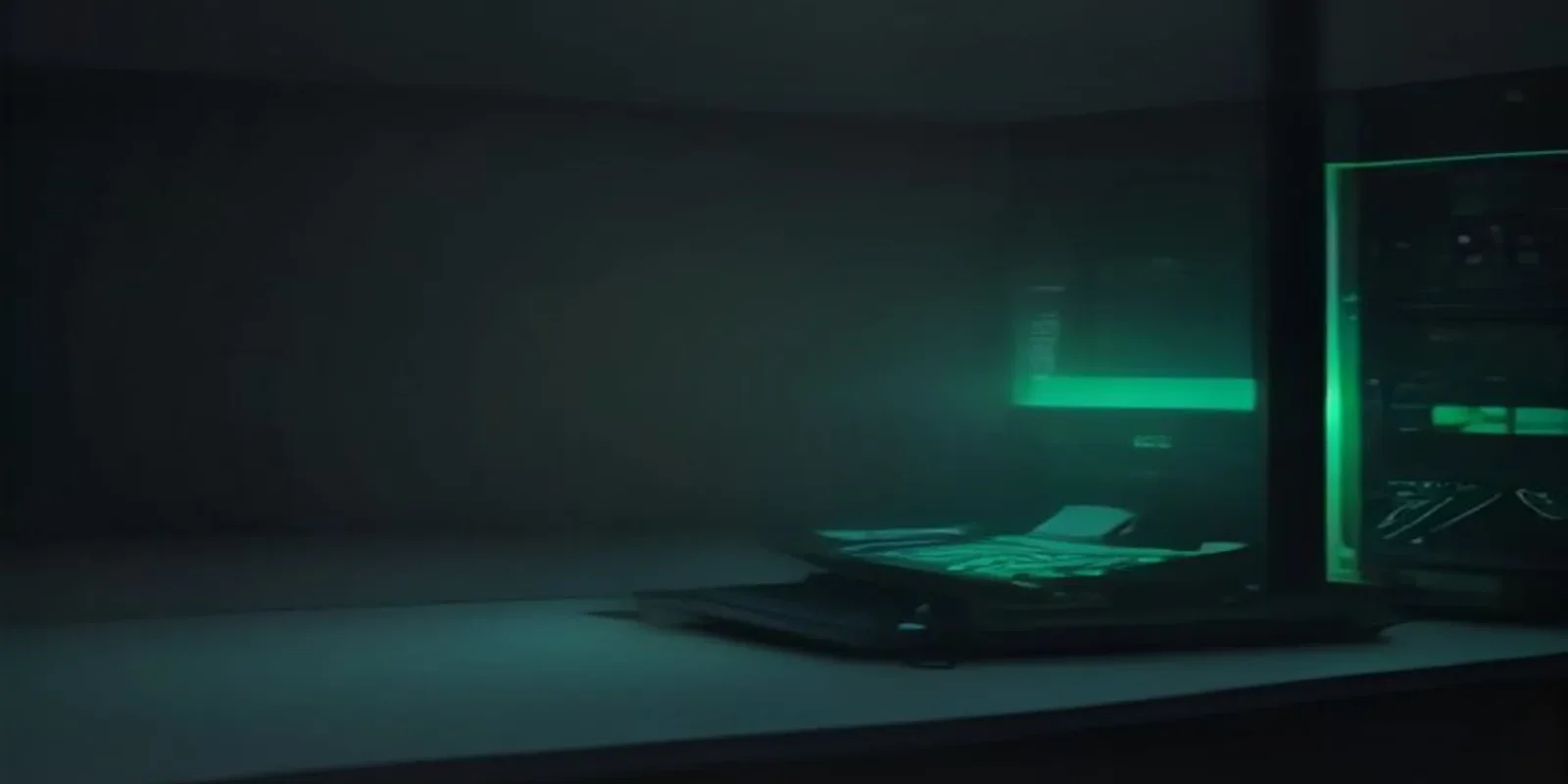 Dark‑mode developer workstation with a glowing terminal and neon green accents, illustrating the concept of backend from first principles.