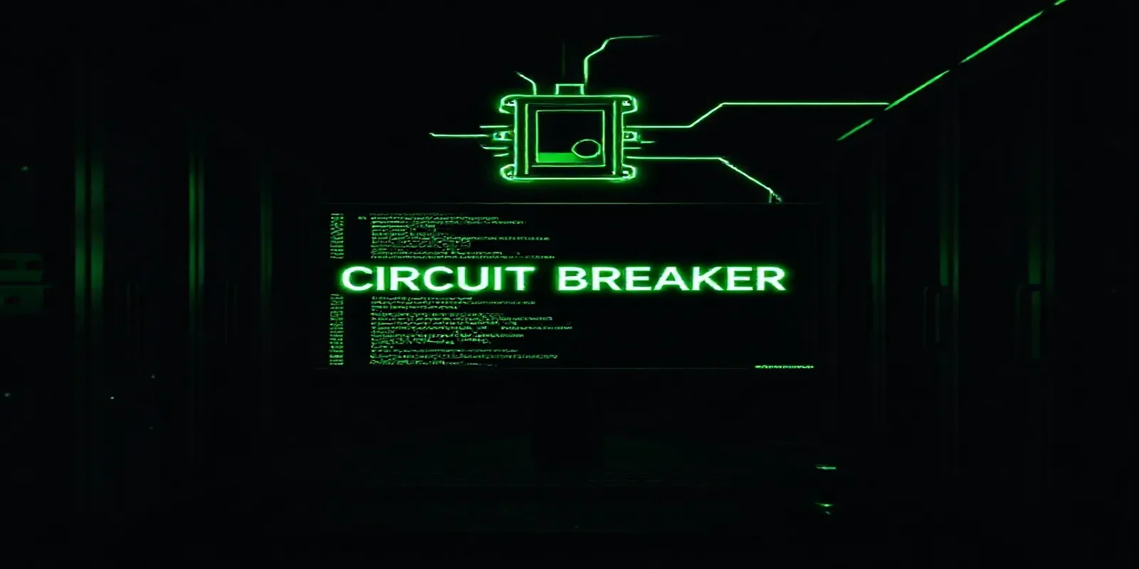 A dark developer‑style illustration featuring a glowing terminal and a neon‑green circuit‑breaker icon, representing Go patterns for AI APIs in 2026.