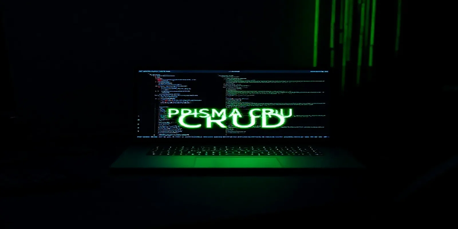 A dark‑mode developer scene with a glowing terminal showing Node.js code connecting to SQLite via Prisma, highlighted by neon green accents and the label “PRISMA CRUD”.