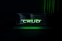 A dark‑mode developer scene with a glowing terminal showing Node.js code connecting to SQLite via Prisma, highlighted by neon green accents and the label “PRISMA CRUD”.