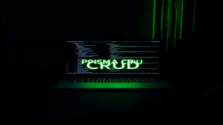 A dark‑mode developer scene with a glowing terminal showing Node.js code connecting to SQLite via Prisma, highlighted by neon green accents and the label “PRISMA CRUD”.