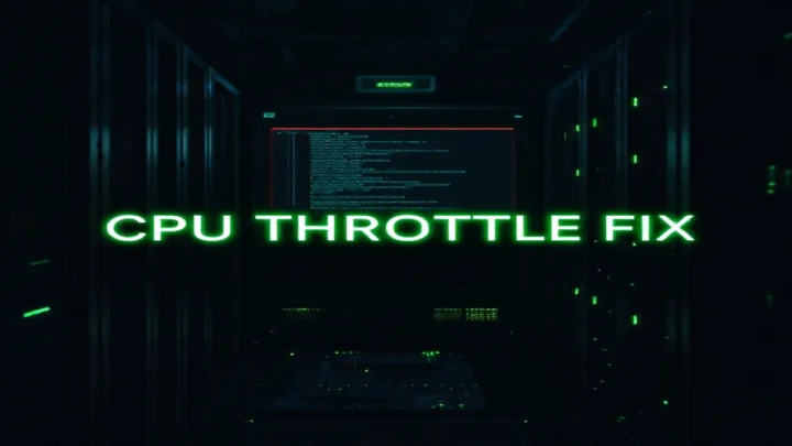 A dark‑mode developer scene featuring a glowing terminal with Go code and neon green accents, centered around the phrase “CPU THROTTLE FIX” to illustrate a guide on fixing CPU throttling for Kubernetes jobs.