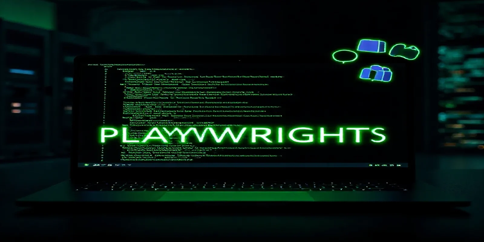 Dark‑mode developer workstation with a glowing terminal displaying Playwright code and faint Slack and Teams icons, illustrating custom Playwright reporters that send alerts to Slack and Teams.