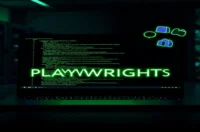 Dark‑mode developer workstation with a glowing terminal displaying Playwright code and faint Slack and Teams icons, illustrating custom Playwright reporters that send alerts to Slack and Teams.