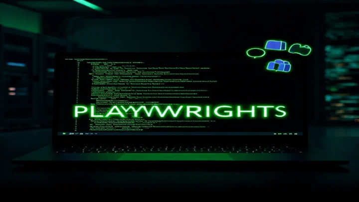 Dark‑mode developer workstation with a glowing terminal displaying Playwright code and faint Slack and Teams icons, illustrating custom Playwright reporters that send alerts to Slack and Teams.