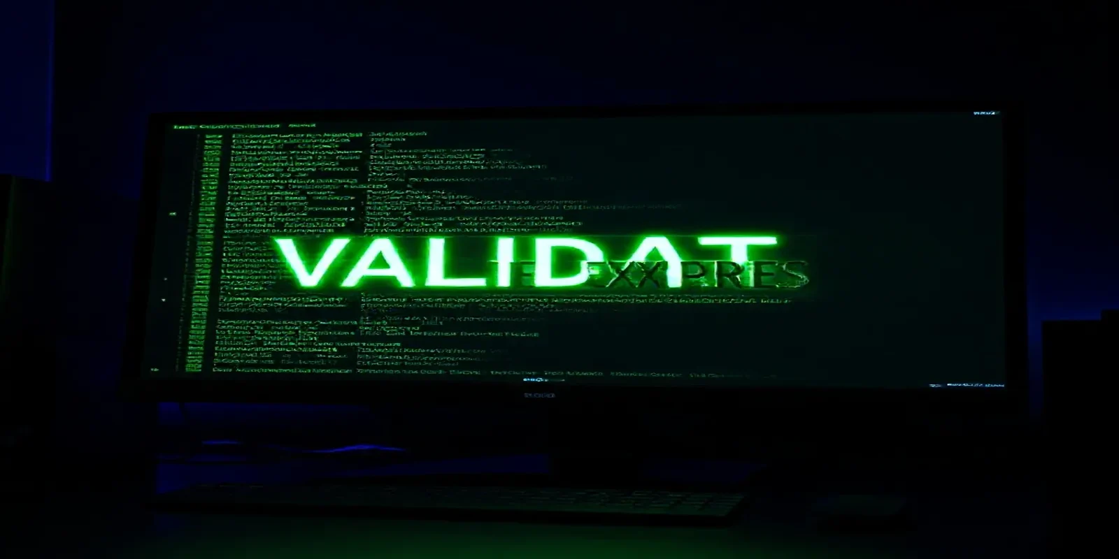 A dark‑mode developer scene featuring a glowing terminal with green code and the bold label “VALIDATE EXPRESS”, representing Express data validation middleware tips.