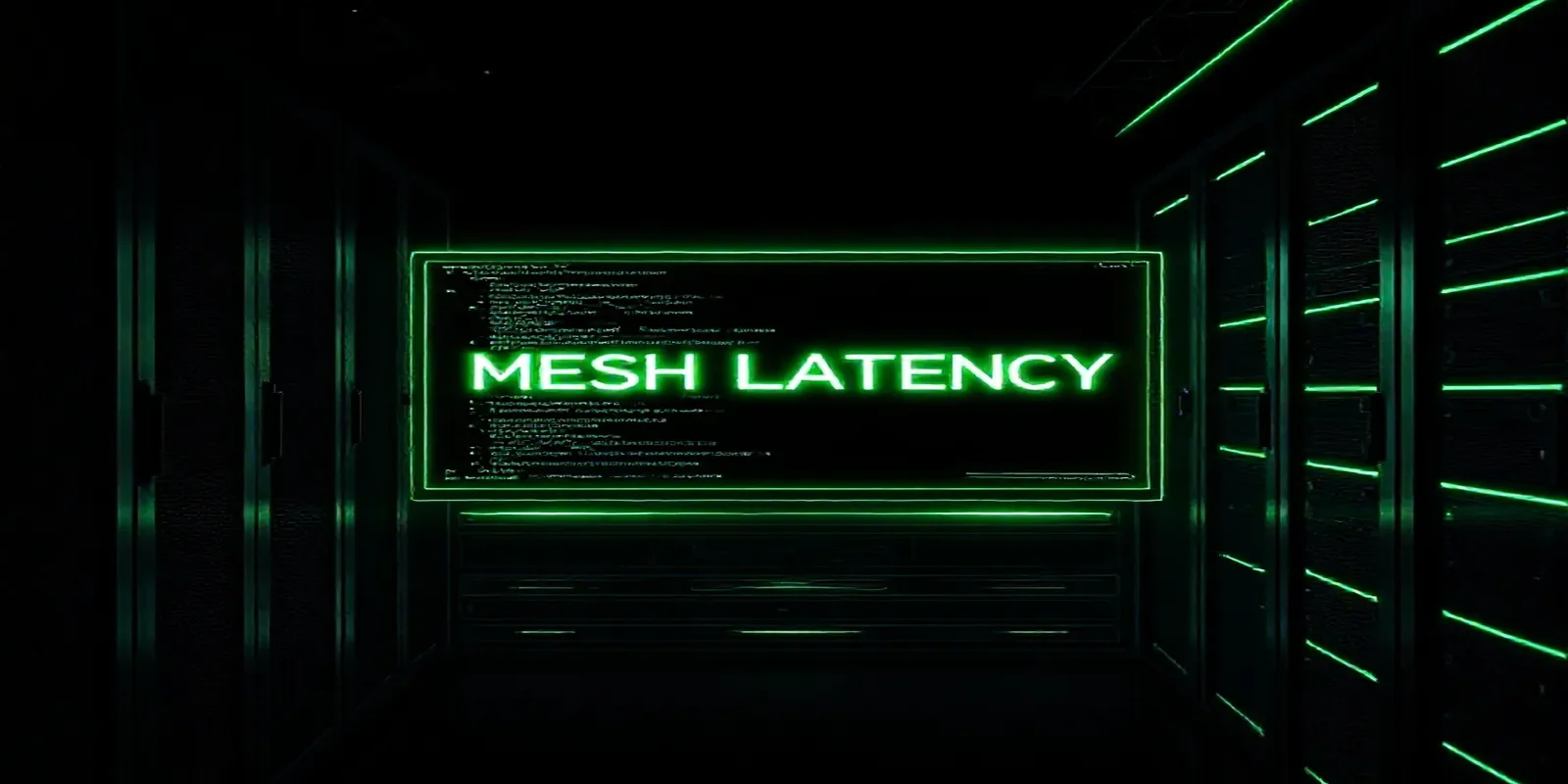 A dark‑mode developer scene with a glowing terminal and sleek server hardware highlighting "MESH LATENCY," illustrating debugging high latency in a service mesh RPC.
