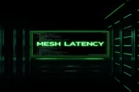 A dark‑mode developer scene with a glowing terminal and sleek server hardware highlighting "MESH LATENCY," illustrating debugging high latency in a service mesh RPC.