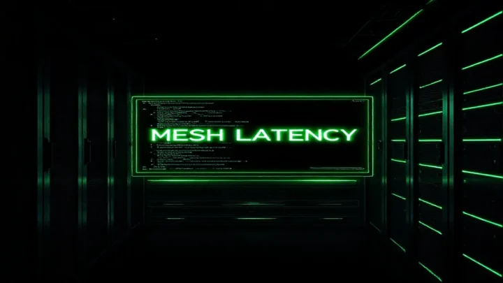 A dark‑mode developer scene with a glowing terminal and sleek server hardware highlighting "MESH LATENCY," illustrating debugging high latency in a service mesh RPC.