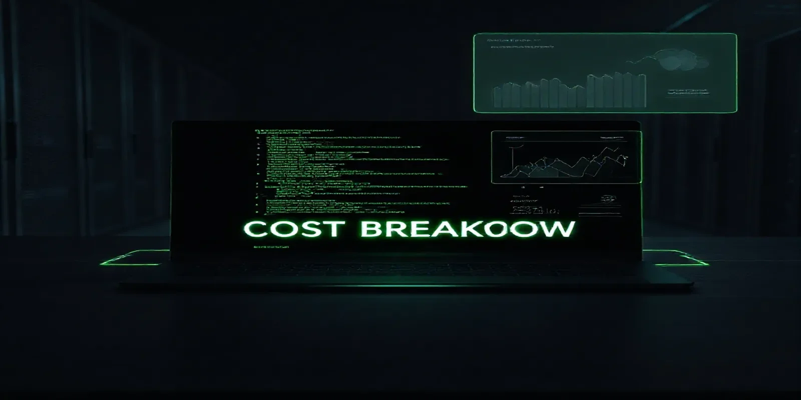 Dark‑mode developer scene illustrating fine‑grained AI cost attribution for 2026, with a glowing terminal and subtle neon green accents.