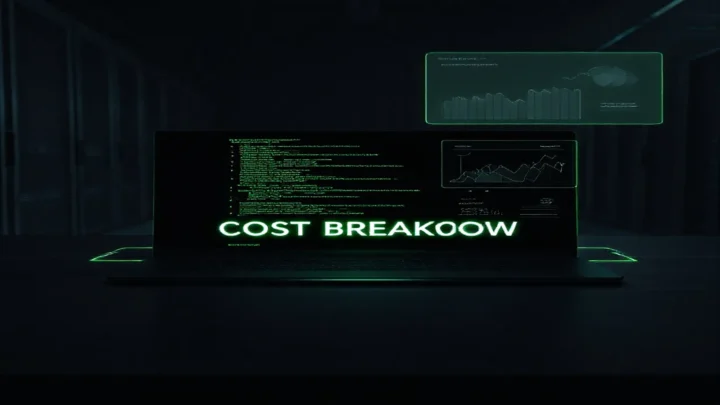 Dark‑mode developer scene illustrating fine‑grained AI cost attribution for 2026, with a glowing terminal and subtle neon green accents.