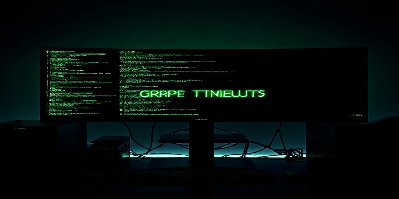 A dark‑mode developer scene highlighting gRPC stream timeouts with a glowing terminal and neon green accents.