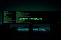 A dark‑mode developer scene highlighting gRPC stream timeouts with a glowing terminal and neon green accents.