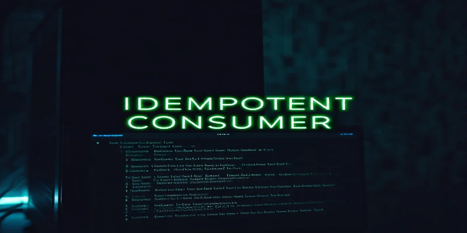 A dark‑mode developer scene showing a glowing terminal with Go code for an idempotent Kafka consumer, highlighted by neon green accents.