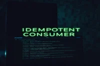 A dark‑mode developer scene showing a glowing terminal with Go code for an idempotent Kafka consumer, highlighted by neon green accents.