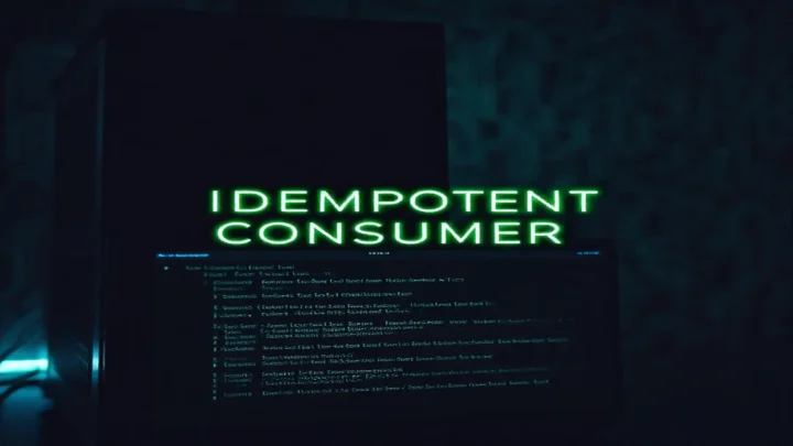A dark‑mode developer scene showing a glowing terminal with Go code for an idempotent Kafka consumer, highlighted by neon green accents.