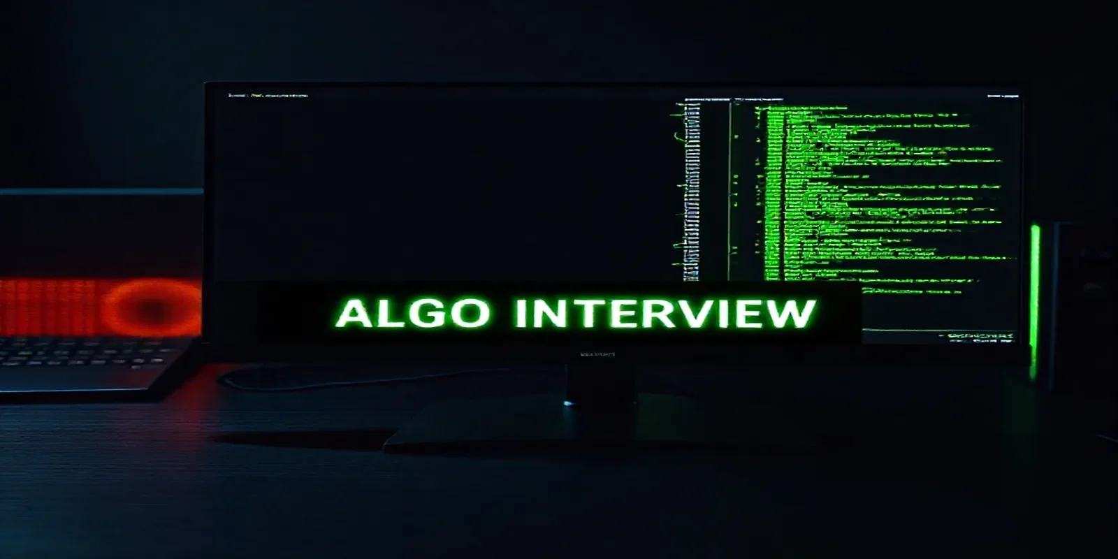 A dark developer workstation cover featuring a glowing green terminal with JavaScript algorithm code, representing a JavaScript algorithm interview guide.