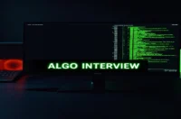 A dark developer workstation cover featuring a glowing green terminal with JavaScript algorithm code, representing a JavaScript algorithm interview guide.