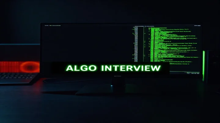 A dark developer workstation cover featuring a glowing green terminal with JavaScript algorithm code, representing a JavaScript algorithm interview guide.