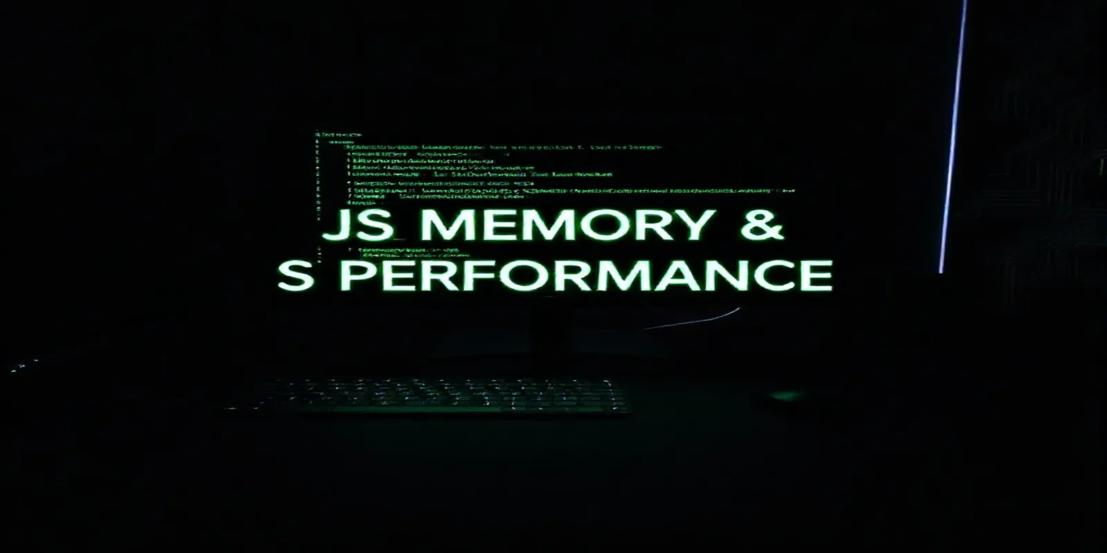 A dark‑mode developer workspace with a glowing green terminal and the caption “JS MEMORY & PERFORMANCE,” illustrating JavaScript interview topics on memory, async, and performance.