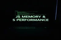 A dark‑mode developer workspace with a glowing green terminal and the caption “JS MEMORY & PERFORMANCE,” illustrating JavaScript interview topics on memory, async, and performance.