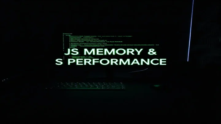 A dark‑mode developer workspace with a glowing green terminal and the caption “JS MEMORY & PERFORMANCE,” illustrating JavaScript interview topics on memory, async, and performance.