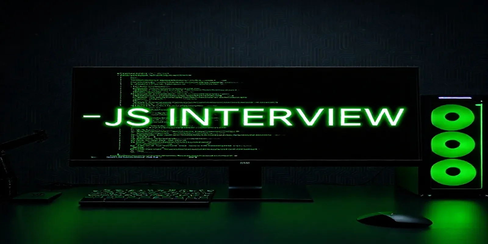 A dark‑mode developer workspace featuring a glowing terminal and neon green accents, highlighting JavaScript interview questions for junior developers.