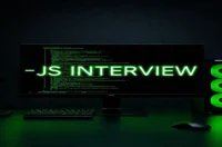 A dark‑mode developer workspace featuring a glowing terminal and neon green accents, highlighting JavaScript interview questions for junior developers.