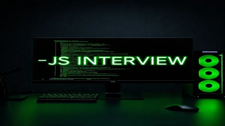 A dark‑mode developer workspace featuring a glowing terminal and neon green accents, highlighting JavaScript interview questions for junior developers.