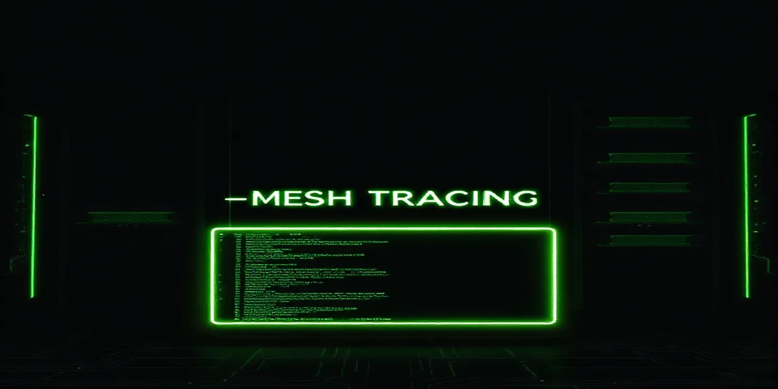 Dark‑mode developer illustration featuring a glowing terminal and sleek hardware with neon‑green accents, visualizing Kafka OpenTelemetry tracing for an event‑driven mesh.