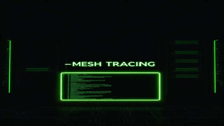 Dark‑mode developer illustration featuring a glowing terminal and sleek hardware with neon‑green accents, visualizing Kafka OpenTelemetry tracing for an event‑driven mesh.