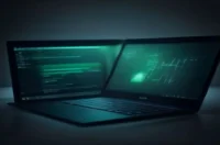 Dark developer workstation scene comparing Kotlin Multiplatform and Flutter for Android development in 2026.