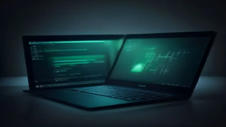 Dark developer workstation scene comparing Kotlin Multiplatform and Flutter for Android development in 2026.