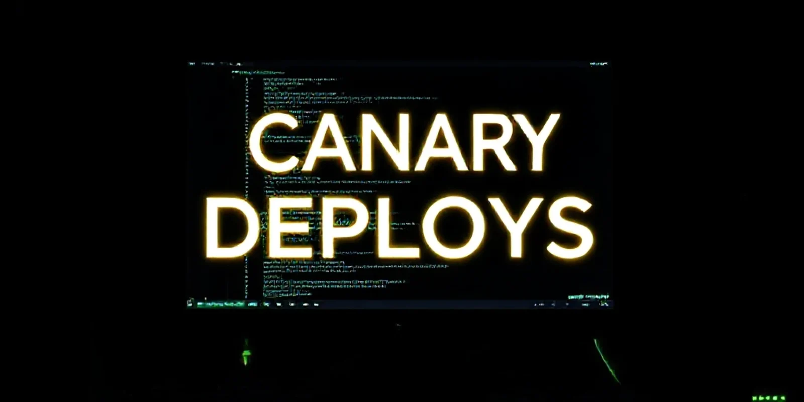 A dark‑mode developer workspace featuring a glowing terminal and subtle neon green accents, with bold text "CANARY DEPLOYS" centered.