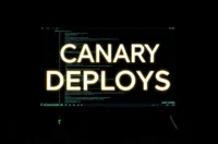 A dark‑mode developer workspace featuring a glowing terminal and subtle neon green accents, with bold text "CANARY DEPLOYS" centered.
