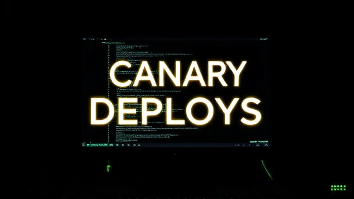 A dark‑mode developer workspace featuring a glowing terminal and subtle neon green accents, with bold text "CANARY DEPLOYS" centered.