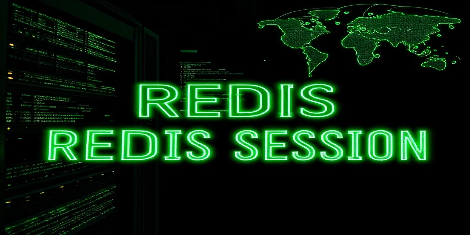 A dark developer‑style cover showing a glowing terminal and neon‑green network map that represents multi‑region Redis session management.