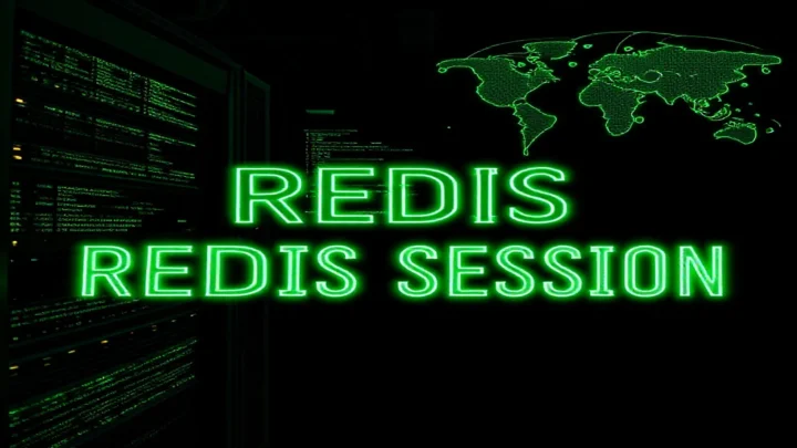 A dark developer‑style cover showing a glowing terminal and neon‑green network map that represents multi‑region Redis session management.