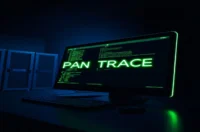 A dark developer workspace featuring a glowing terminal with OpenTelemetry span tracing logs and neon green accents, centered over the text “SPAN TRACE”.
